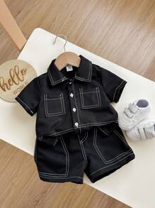 2 件套男婴/女婴休闲校园时尚超大上衣/衬衫搭配松紧腰短裤套装，适合春夏季室内外穿着 - 黑色 - 查看 4