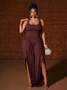 Maweii Plus Size Women's Solid Color Square Neck Ruched Slit Hem Casual Sleeveless Dress - Brown - View 1