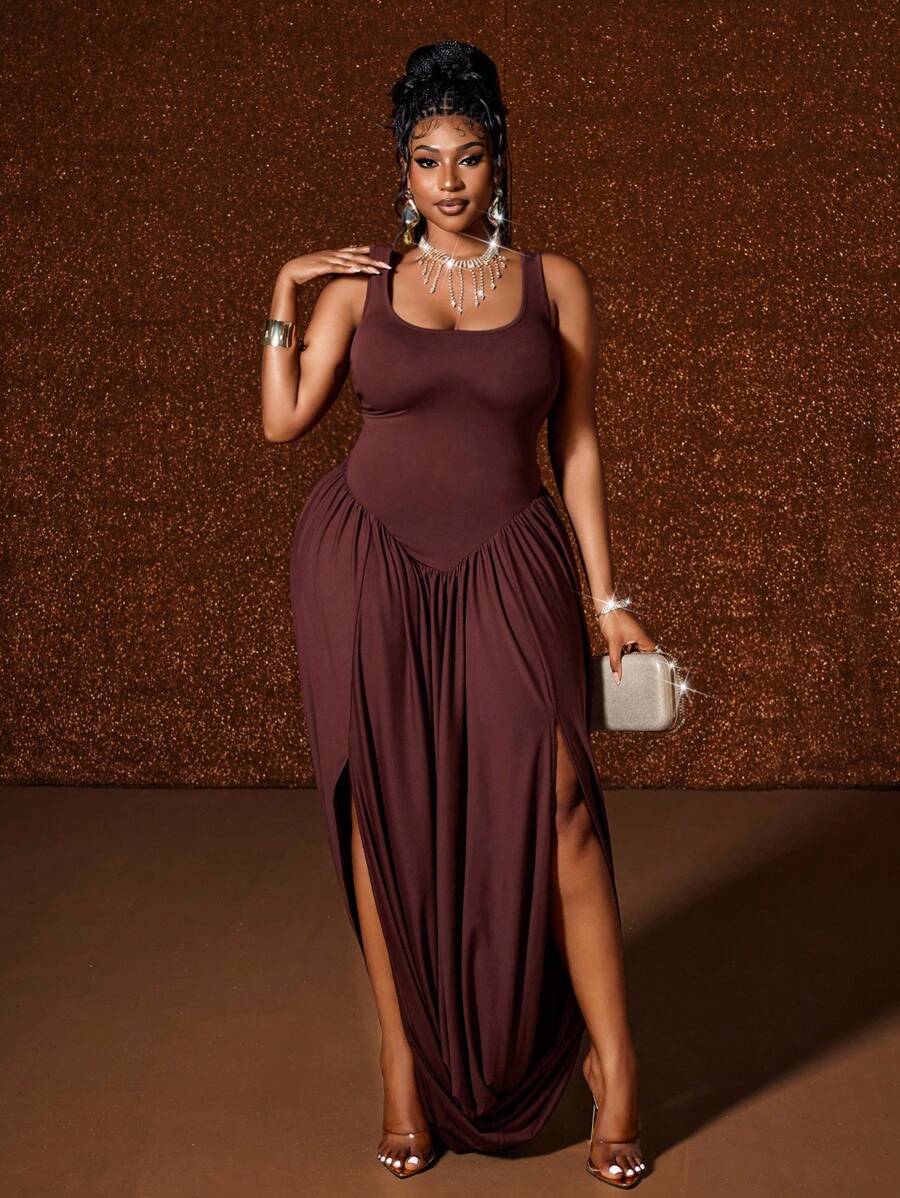 Maweii Plus Size Women's Solid Color Square Neck Ruched Slit Hem Casual Sleeveless Dress - Brown - View 1