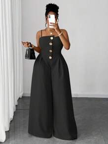 Maweii 大码夏季时尚前扣连体裤 - 黑色 - 查看 8