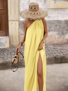 Brillora Simple Color Woven Long Split Dress For Women, Vacation Style,Dresses For Women Summer