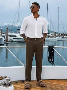 Manfinity Homme Calças de bolso simples de cor sólida casual masculina, outono - Castanho Café - Ver 2