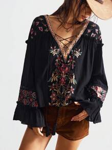 Bohemela Vacation Casual Embroidered V-Neck Blouse For Women - Black - View 4