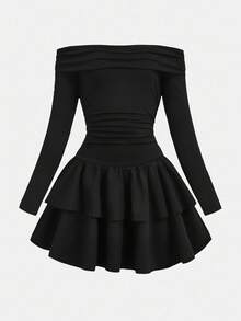 Girlism Tween Girls Ruffled Bubble Dress, Ruffle Hem, Off-Shoulder Black Mini Dress, Suitable For Autumn Fall Winter - Black - View 5