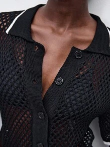 Maija 女士宽松蝙蝠袖圆领镂空针织开衫，商务休闲，适合音乐节，波西米亚风格 - 黑色 - 查看 7