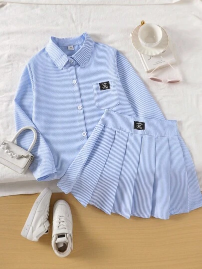SHEIN Genkimix Kids Tween Girls Blue Striped Long Sleeve Fashion Autumn/Winter Shirt With Decorative Elastic Waist Skirt Set Fall