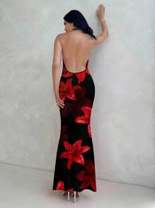 Aloruh 性感热带红色花卉印花垂坠领长裙，适合女士节日、派对、音乐节、优雅场合、修身、波西米亚风格 - 彩色 - 查看 2