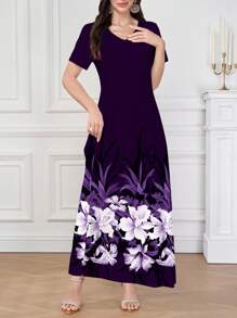 Modelyn 紫色 V 领女式夏季针织短袖花卉印花连衣裙，可作为外套或内衣/工作服穿着，美丽的白色花朵下摆印花，适合约会、休闲、派对、度假，女士夏装，女士长裙。花卉长裙/优雅花卉长裙 - 紫色 - 查看 3