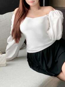 Dazy Plus Áo kiểu nữ cỡ lớn màu trơn, cổ bẻ, tay phồng, lưng hở, nơ, tay dài, màu trắng, thích hợp cho kỳ nghỉ. - trắng - Xem 5