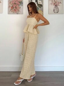 Siren Gaze 2件套女士休闲提花吊带背心上衣和裤子套装 - 卡其色 - 查看 4