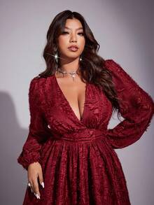 Váy mùa hè tay dài bó sát vai chéo gợi cảm cỡ lớn - Màu Đỏ Sâu - Xem 4