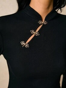 Poéselle Women's T-Shirt Metal Button Decoration Long Sleeve T-Shirt Black T-Shirt Elegant Casual Fashionable Versatile Daily Long Sleeve Slim Fit Women T-Shirt Fall Tops Fall Clothes For Women Fall Dresses For Women Winter Clothes Winter Outfits For Women Winter Clothes Women Going Out Tops Women Y2k Clothes Old Money Outfits Women Basic Tops - Black - View 8