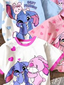 4 件可爱卡通蓝色兔子露露，针迹图案，扎染天蓝色，年轻女孩休闲简约圆领短袖基本款 T 恤，适合春夏季，度假氛围，阳光之旅，休闲春季，夏季度假，可爱的 Y2K 椰子女孩波西米亚假期春假早午餐准备淡蓝色女孩之旅，霓虹海滩氛围，波西米亚嬉皮音乐节，回到学校，2000 年代风格 - 彩色 - 查看 8