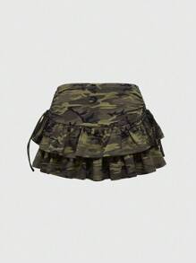 ROMWE J-Fashion Y2K Hot Girl National Flag Rhinestone Camouflage Ultra-Low Waist Ruffle Hem Mini Skirt For Women - Army Green - View 2