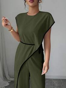 Elenzga 女式圆领喇叭袖连体裤 - 軍綠色 - 查看 6