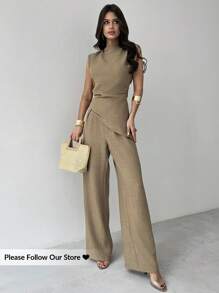 Firerie 女式两件套卡其色简约优雅休闲通勤办公室服装：无袖不对称褶皱腰衬衫 + 常规褶皱阔腿裤、亚麻通勤套装、沙滩装、机场装、度假装、教师装