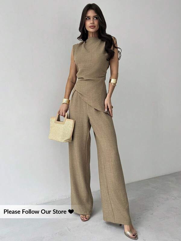 Firerie 女式两件套卡其色简约优雅休闲通勤办公室服装：无袖不对称褶皱腰衬衫 + 常规褶皱阔腿裤、亚麻通勤套装、沙滩装、机场装、度假装、教师装