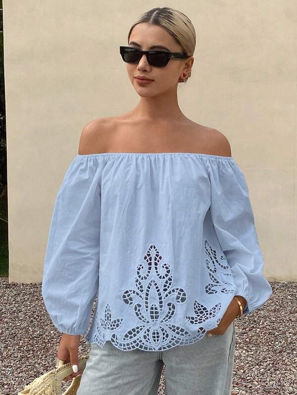 Livesso Women's Loose Off Shoulder Long Sleeve Hollow Embroidery Casual Vacation Summer Top Blouse