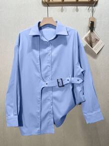 INAWLY Plus Size Light Blue Belted Loose Long Sleeve Shirt Fall Cloth For Women