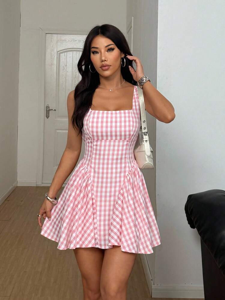 SHEIN PETITE 1 件女士甜美露背蝴蝶结领格纹腰部度假连衣裙，粉色，春夏 - 粉色 - 查看 6