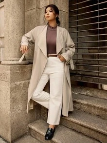 Calvaya 大码女式纯色长袖长款休闲宽松通勤办公室夹克女式风衣长款外套超大号外套女式外套超大号夹克 - 卡其色 - 查看 5