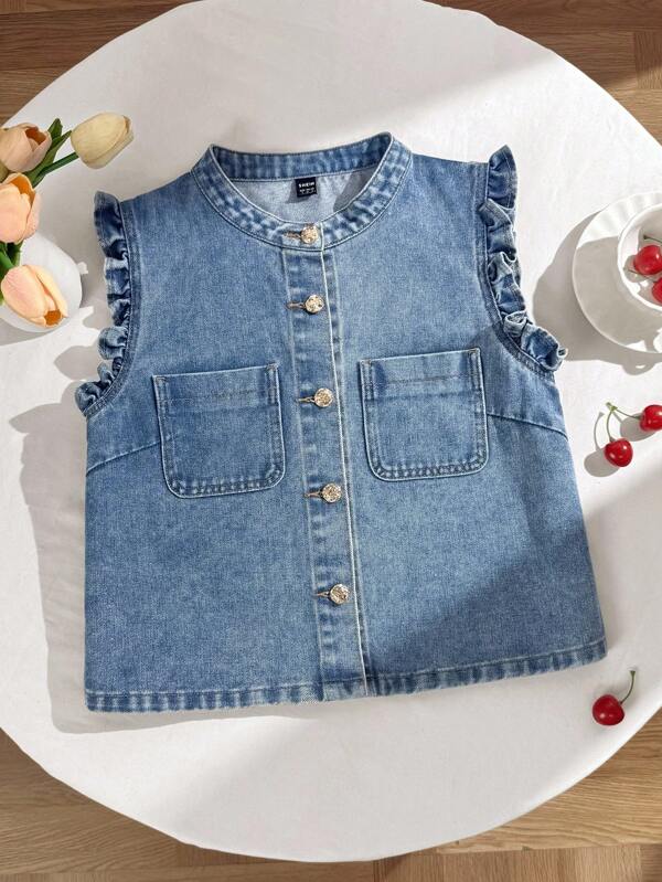 Comfortcana 女士休闲无袖纽扣牛仔衬衫，街头风格，返校，秋季女装，优雅可爱的荷叶边金属装饰纽扣牛仔无袖背心，秋季女装，女装外出上衣，返校，可爱背心，外出，老钱风格女装，巡航女装，商务休闲女装，返校女装，女士生日