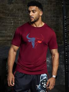 Gym Rark Kaos Olahraga Pria Lengan Pendek Leher Bulat Warna Merah dengan Motif Banteng - Burgundy - View 4