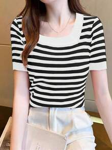 SHEIN Unity Áo thun nữ ngắn tay sọc tối giản giản dị - trắng - Xem 3