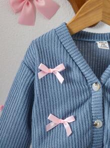 SHEIN Vintaside Kids Baby Girl V-Neck Bow Solid Color Long Sleeve Cardigan Sweater, Spring/Autumn Outerwear Fall Winter - Royal Blue - View 3
