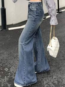 DAZY Women's Flare Jeans With Lace Splice - Medium Wash - View 6