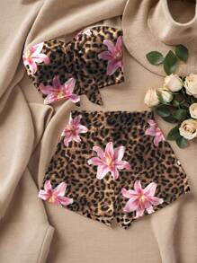 SHEIN EZwear 2pcs Women's Vacation Beach Leopard Floral Print Bandeau Top And Shorts Set Suitable For Going Out - Multicolor - View 3