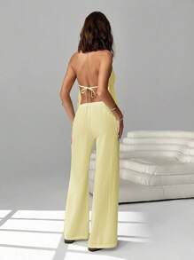 SHEIN EZwear 女式休闲度假纯色露背系带娃娃装露背上衣和宽松阔腿裤（带侧袋）两件套，夏季 - 黃色 - 查看 2