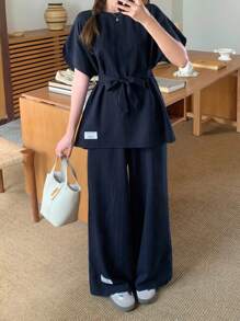 SHEIN Long Striped Teen Girls Co-Ords In Royal Blue With Comfortable Fit And Classic Round Neck Two Piece Set Pants And Top Set Preppy Two Piece Set Linen Two Piece Set Wide Leg Pants And Top Set Wide Leg Pants Set