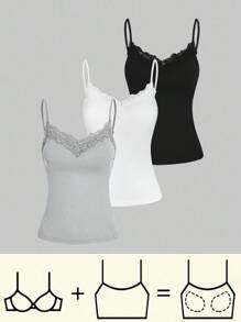 SHEIN Essnce 3 件套夏季蕾丝拼布吊带背心 - 淺灰色 - 查看 9