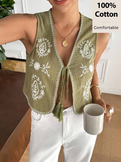 Serisse Women's All-Season Fall Women Clothes  100% Cotton Sleeveless Floral Colour Blocking Embroidered Cotton Jacket,Fall Women Short Jackets,Casual Everyday Wear,Business Casual Women,Black Homecoming Jacket,Winter Women Jacket,Winter Women Coat,Teacher Outfits ,Fall Women Outfits Summer