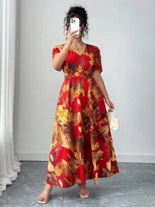 Elenzga 大码女式优雅 V 领褶饰腰部中长连衣裙，夏季 - 紅色 - 查看 7