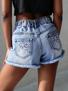 Sparklyn Tween Girls Y2K 风格复古浅色水洗牛仔短裤，粉色蝴蝶结刺绣和口袋，宽松直筒版型，柔软舒适的材质，街头潮流
