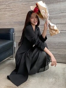 DAZY 女士商务风纯色立领长袖腰部拼接连衣裙 - 黑色 - 查看 5