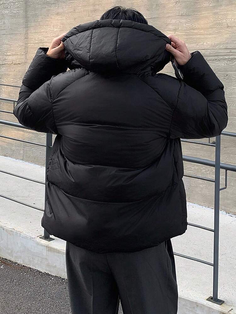 Men's Solid Black Hooded Padded Winter Jacket