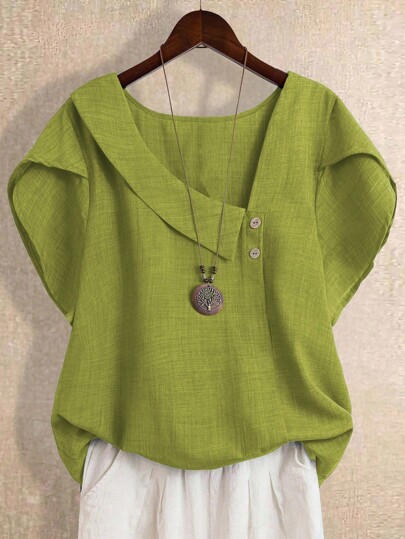 Linhara Women's Asymmetric Peplum Short Sleeve Casual Blouse For Summer