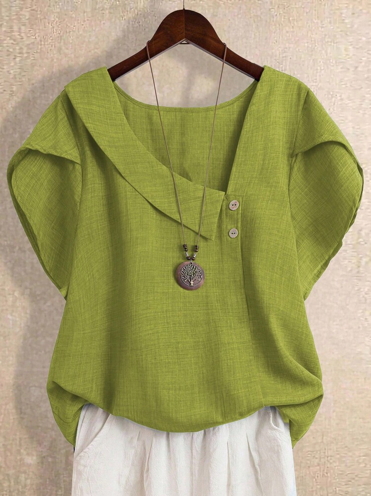 Linhara Plus Size Women Solid Color Asymmetric Ruffle Trim Short Sleeve Fashionable Blouse,St Patrick's Day Green Blouse,Vacation Beach Outfits - Lime Green - View 1