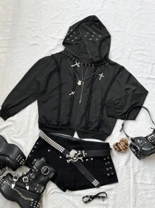 Sunspun 大码女式秋冬开襟连帽夹克，带索环，系带，流苏饰边，复古朋克休闲黑色夹克 - 黑色 - 查看 8