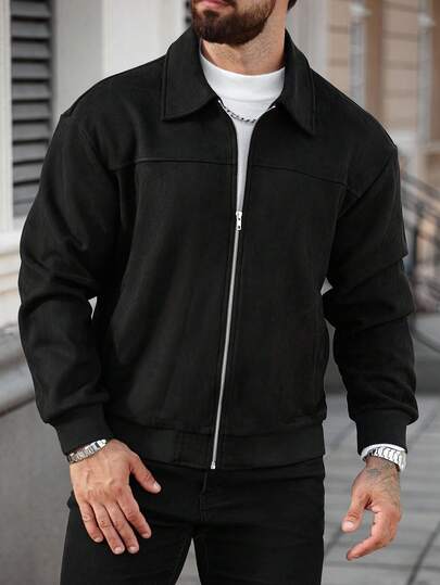 Manfinity CasualCool 男士休闲纯色拉链长袖夹克男士拉链夹克男士黑色夹克男士黑色夹克绒面革夹克拉链夹克，秋季