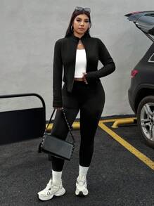 SHEIN EZwear 大尺碼女款秋季黑色羅紋針織開襟外套，2件式休閒套裝，拉鍊短版夾克，登山服，秋冬女裝2件套 - 黑色 - 查看 5