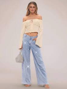 SHEIN Forever 21 复古水洗散钻细节直筒牛仔裤春季中腰牛仔裤节日夏季下装水钻牛仔裤 - 淺藍色 - 查看 3