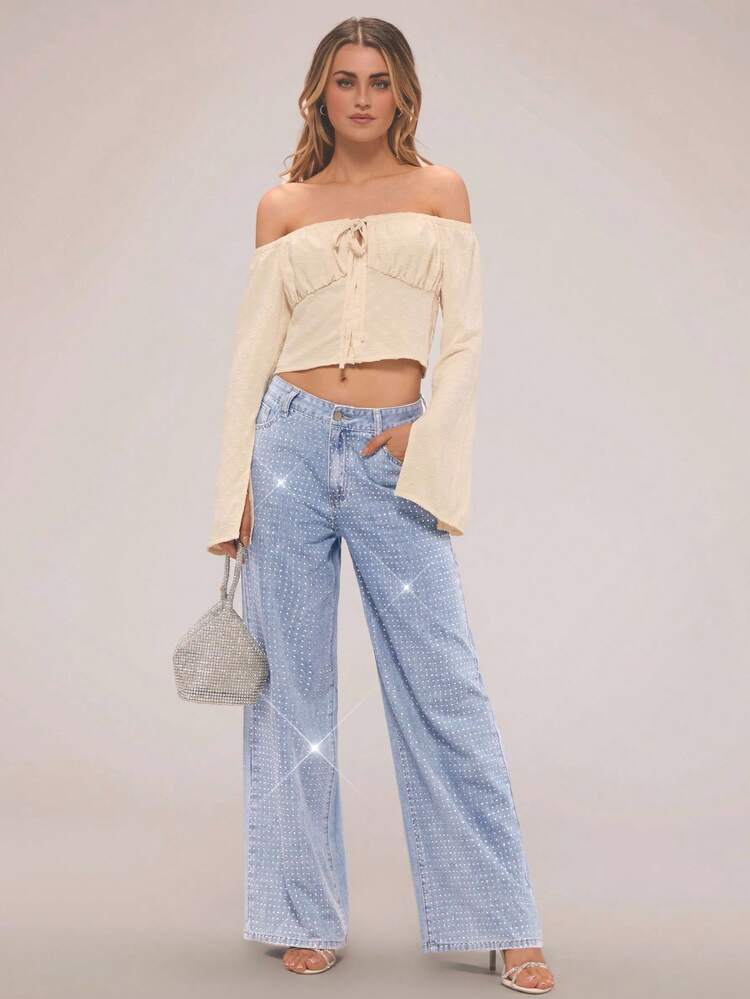 SHEIN Forever 21 复古水洗散钻细节直筒牛仔裤春季中腰牛仔裤节日夏季下装水钻牛仔裤 - 淺藍色 - 查看 3