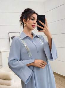 Yasmyna Women's Sequin Patchwork Long Sleeve Loose Arabic Style Dress Sequin Fall Women Clothes Traditional Arab Clothing Blue Dress