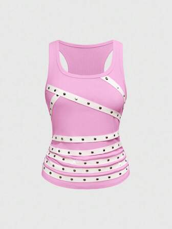 Grunge Punk Top corto sin mangas y chaleco con tachuelas estilo punk rock, tirantes con tachuelas sexy estilo universitario de verano, talla grande