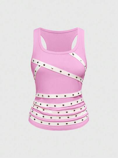 Grunge Punk Punk Rock Studded Sleeveless Crop Top & Vest, Sexy Studded Strap Summer College Style, Plus Size
