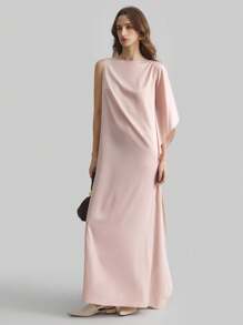 Ontre 女式新款优雅斗篷斗篷船领粉色缎面喇叭裙连衣裙，春夏